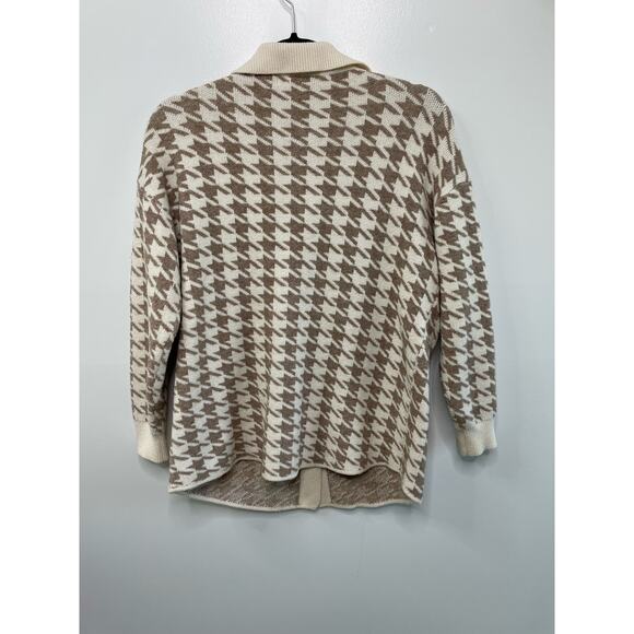 Button Up Houndstooth Cardigan Sweater Long Sleeve Pockets Cream Tan M Granny - Picture 8 of 10